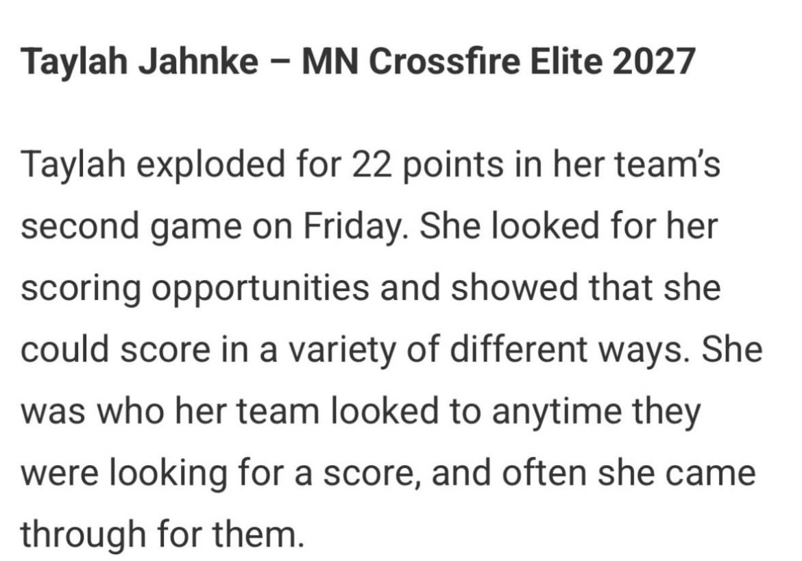 Crossfire 2027 ELITE - Yost (@crossfire27yost) on Twitter photo Shout to <a href="/TaylahJahnke34/">Taylah Jahnke</a> for being highlighted by <a href="/JrAllStarMN/">Minnesota Jr. All-Star GBB</a> for her efforts this weekend! Shout to <a href="/TaylahJahnke34/">Taylah Jahnke</a> for being highlighted by <a href="/JrAllStarMN/">Minnesota Jr. All-Star GBB</a> for her efforts this weekend!