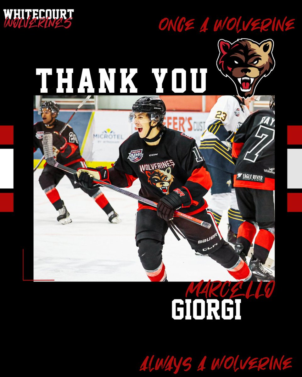 The Wolverines have traded Marcello Giorgi (05) to the Pickering Panthers in exchange for a PDF. 

We would like to thank Marcello for his time in Whitecourt and wish him the best in Pickering. 

Full story here: whitecourtwolverines.ca/wolverines-mov…