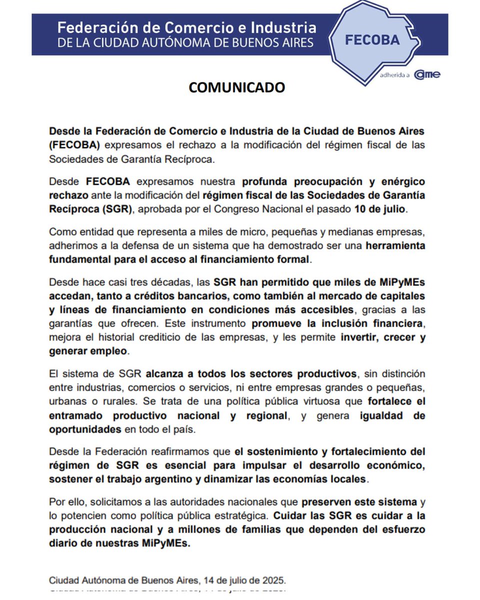 📣 Desde #FECOBA rechazamos la modificación del régimen fiscal de las SGR, herramienta clave para el financiamiento PyME.

❗ Poner en riesgo su funcionamiento afecta a miles de MiPyMEs, el desarrollo productivo y el empleo.

Cuidar las SGR es cuidar el trabajo argentino.