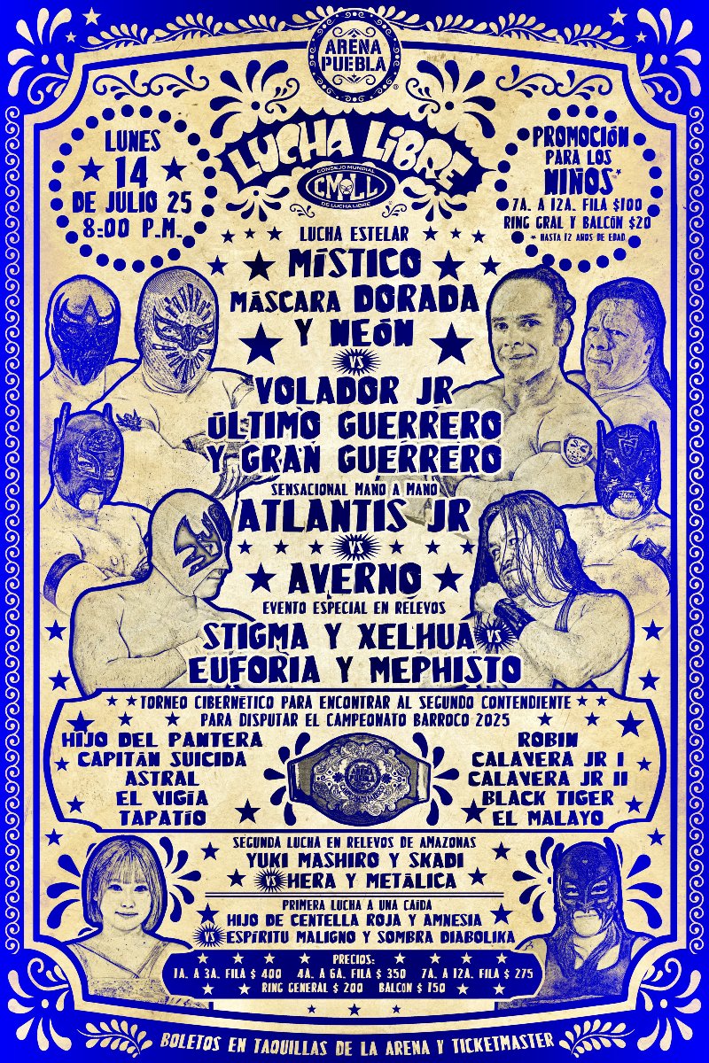 Mauu_Gabriel's tweet image. ¡#LunesClásicoCMLL de #ArenaPuebla!
Místico, Máscara Dorada y Neón 🆚 Volador Jr, Último Gro y Gran Gro.
Mano A Mano
Atlantis Jr 🆚 Averno
Stigma y Xelhua 🆚 Euforia y Mephisto
Torneo Cibernético Para Encontrar Al Segundo Retador Al Campeonato Barroco 2025
La cita 8:00 P.M.