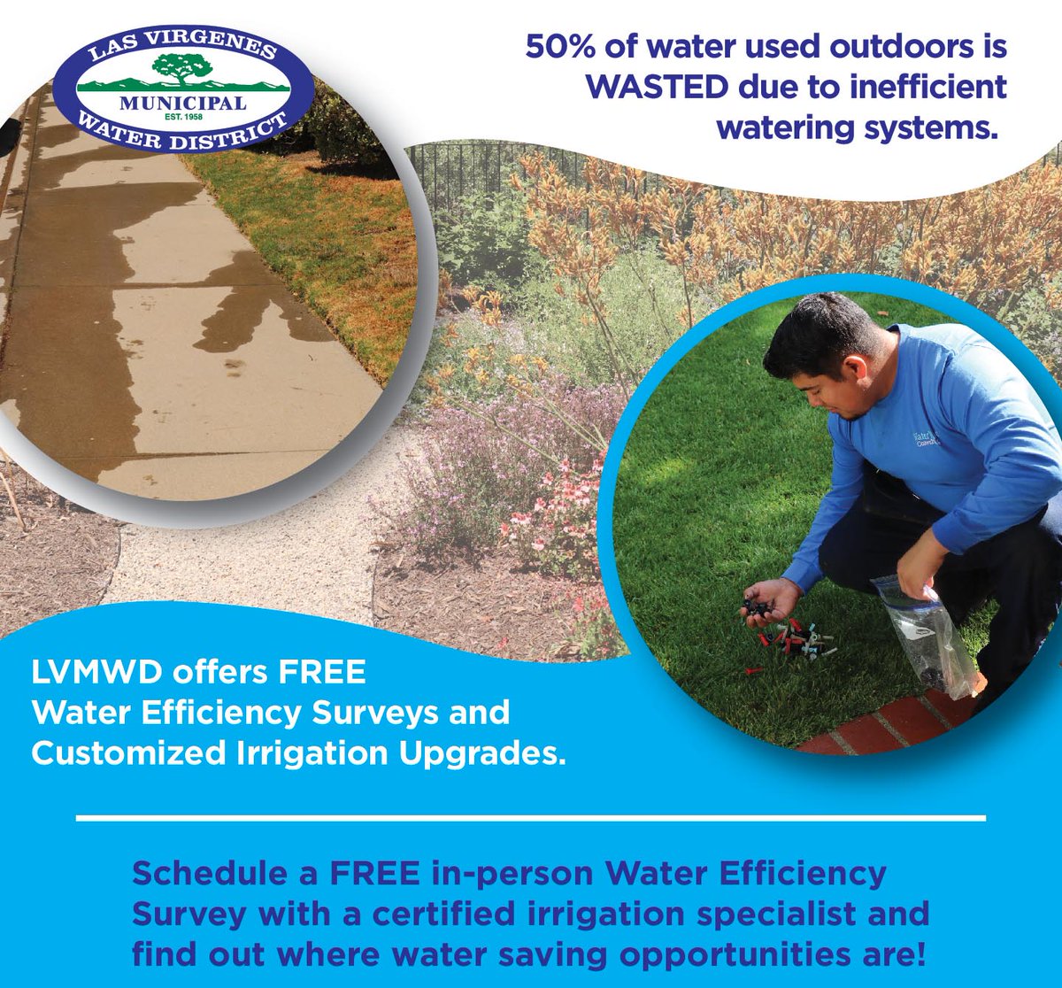 LVMWD's tweet image. 💧 The Irrigation Efficiency Retrofit Program is back! 🌱
✅ Up to $1500 for residential upgrades
✅ FREE smart controllers, drip irrigation & more!
Start with a FREE WaterWise evaluation. Apply today: LVMWD.com/?utm_medium=so…
#SaveWater #ValueEveryDrop