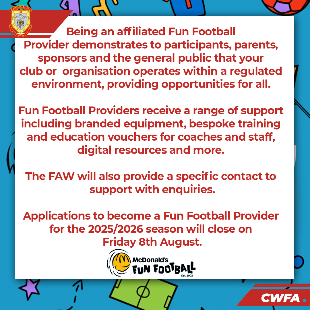Attention #CWFA Clubs! Applications are now open to become a FAW McDonald’s Fun Football provider for the 2025/2026 season.

Apply to become a provider here 👇
faw.cymru/mcdonalds-fun-…