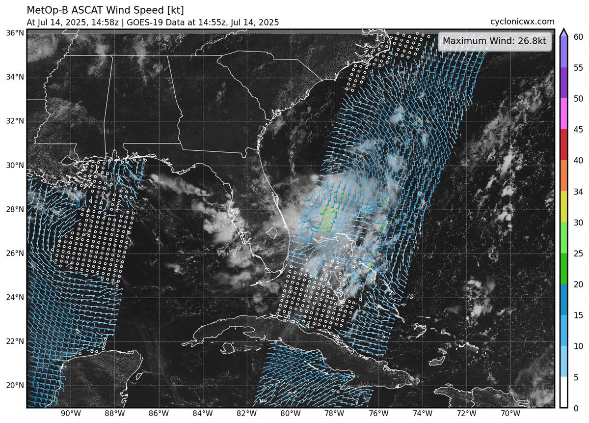 cyclonicwx's tweet image. We got a nice partial hit from ASCAT a bit ago. Still an elongated trough, with the northern end sticking out of the convection. Still has some work to do but seems to be overshooting the models so far