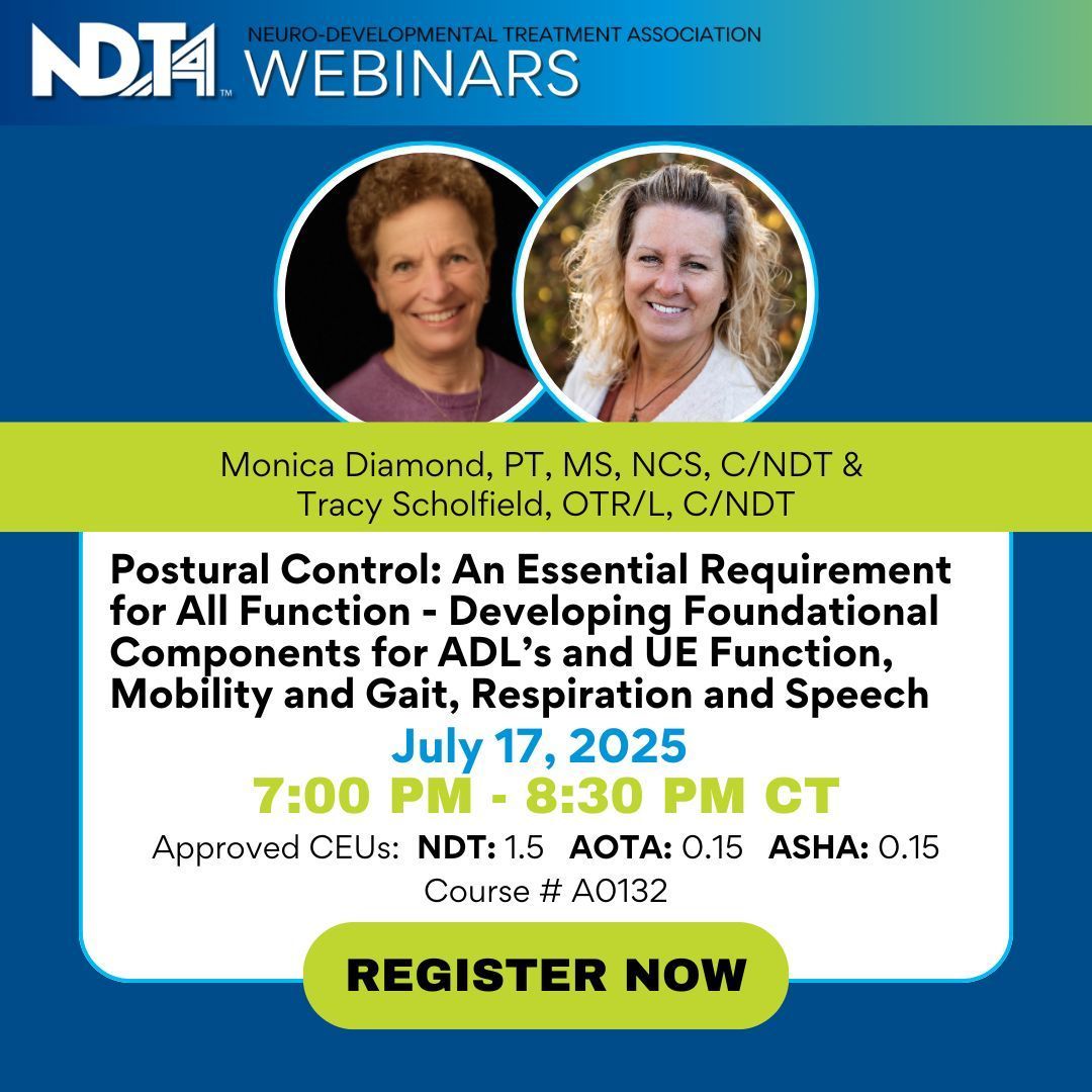 Postural control is crucial for daily activities, mobility, and speech. This webinar is designed to enhance therapists understanding of patient movement challenges.

To Register, open a Continuing Education Application, add Course # A0132

Login to ndta.learningbuilder.com