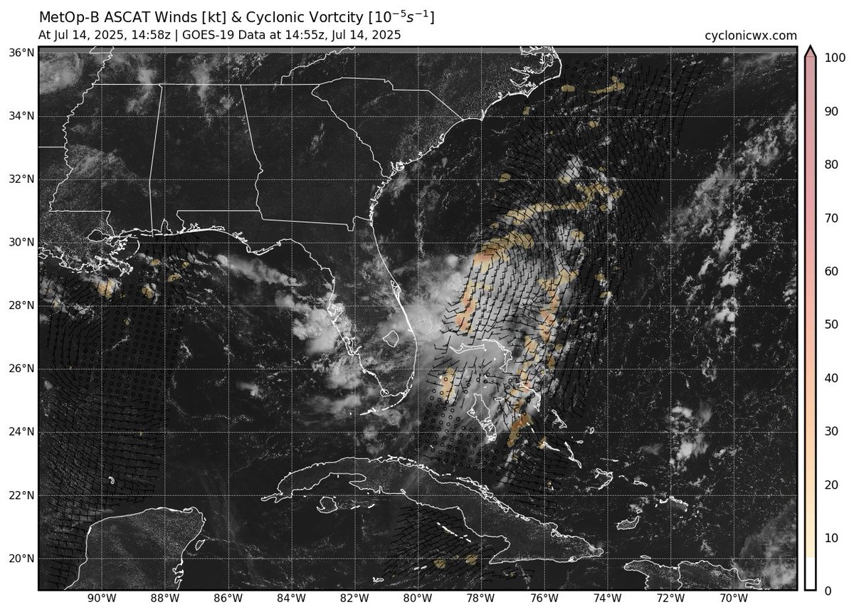 cyclonicwx's tweet image. We got a nice partial hit from ASCAT a bit ago. Still an elongated trough, with the northern end sticking out of the convection. Still has some work to do but seems to be overshooting the models so far