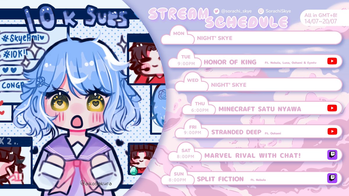 🌦️WEEKLY WEATHER🌦️

🌨️HOK with 2 newbies~
⛅️MORE ADVENTURE WITH DPBJ!
🌩️No more tutorials!
🌧️Skye miss this game~ Play with me pls!
⛈️We're almost at the end!

Art | @/aikosakura💖

#skyeonair #ENVtuber