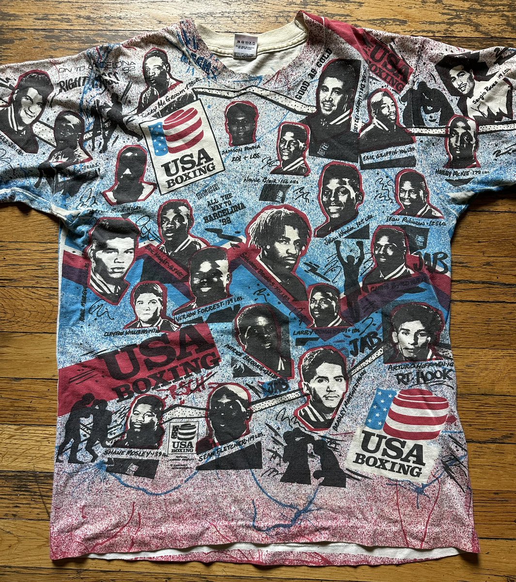 PunchZoneAris's tweet image. Remember the all over print shirts from the early 90’s? Here’s one of the ‘92 USA boxing national team as they were preparing for the Olympic trials. Lots of future HOF’s, champs, and top contenders on this shirt. Who do you see 👀?