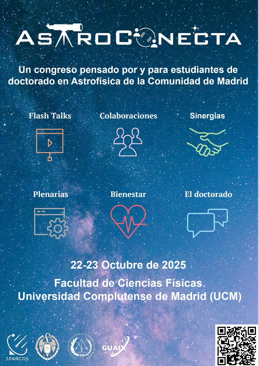 astroconecta's tweet image. Doctorandos de astro de Madrid! Nos hace mucha ilusión anunciar la primera edición del congreso AstroConecta Madrid, que se celebrará en la Facultad de Ciencias Físicas de la UCM los días 22 y 23 de octubre de 2025... Os esperamos!
Link de la web: astroconecta2025.tilda.ws