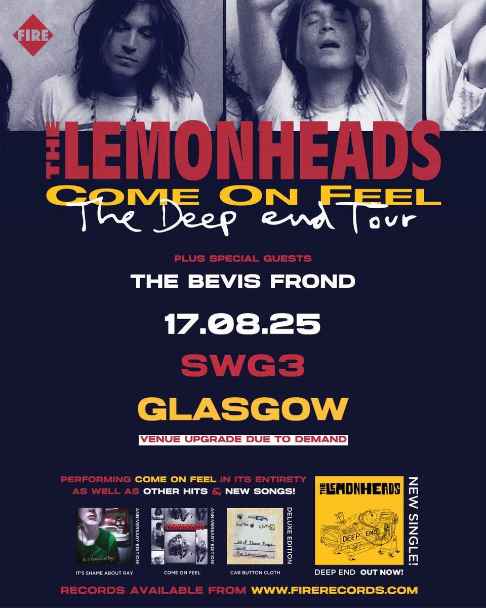 VENUE UPGRADE

Due to demand, the Lemonheads  show on Sun 17 August 2025 will now be held at SWG3📍

Original tickets will be valid at the new venue. 

Final tickets available online or in-store: t-s.co/lem03