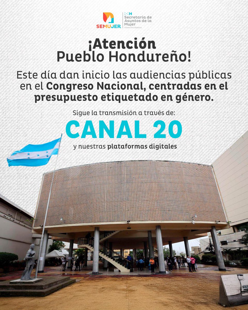 🔴Hoy inician las audiencias públicas!

📌La Comisión de Presupuesto y Equidad de Género del <a href="/Congreso_HND/">Congreso Nacional de Honduras</a>, junto a la SEMUJER, realizan audiencias públicas para evaluar y promover la incorporación del enfoque de género en el presupuesto público.