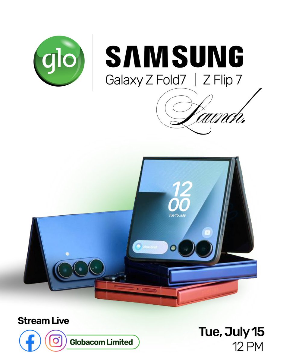 GloWorld's tweet image. The official launch of the Galaxy Z Fold7 and Z Flip7 is happening LIVE and Globacom, in partnership with @samsungmobileng , is bringing it straight to your screen.
Be among the first to witness the unveiling of these groundbreaking devices on our Instagram and Facebook pages.…