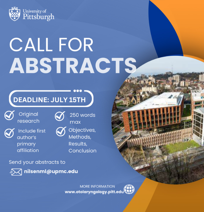 Pitt_OTOHNS (@pitt_otohns) on Twitter photo 📢 Last chance! Abstracts for the Head & Neck Survivorship Conference are due tomorrow, July 15.
🔬 Original research (250 words max)
🏥 Include first author’s affiliation
📩 Submit to Dr. Marci Nilsen: nilsenml@upmc.edu
#HeadAndNeck #CallForAbstracts 📢 Last chance! Abstracts for the Head & Neck Survivorship Conference are due tomorrow, July 15.
🔬 Original research (250 words max)
🏥 Include first author’s affiliation
📩 Submit to Dr. Marci Nilsen: nilsenml@upmc.edu
#HeadAndNeck #CallForAbstracts