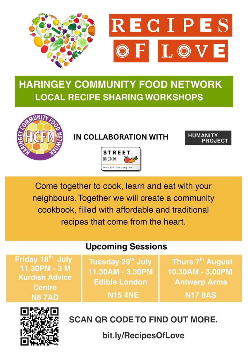 "Recipes of Love" is back!
Cook, connect &amp; celebrate with your neighbours in #Haringey 🌍❤️
📅 Upcoming Sessions:
18 Jul – Kurdish Centre N8
29 Jul – Edible London N15
7 Aug – Antwerp Arms N17

Bring your favourite recipe + story! 
👉 bit.ly/RecipesOfLove
  #CommunityCooking