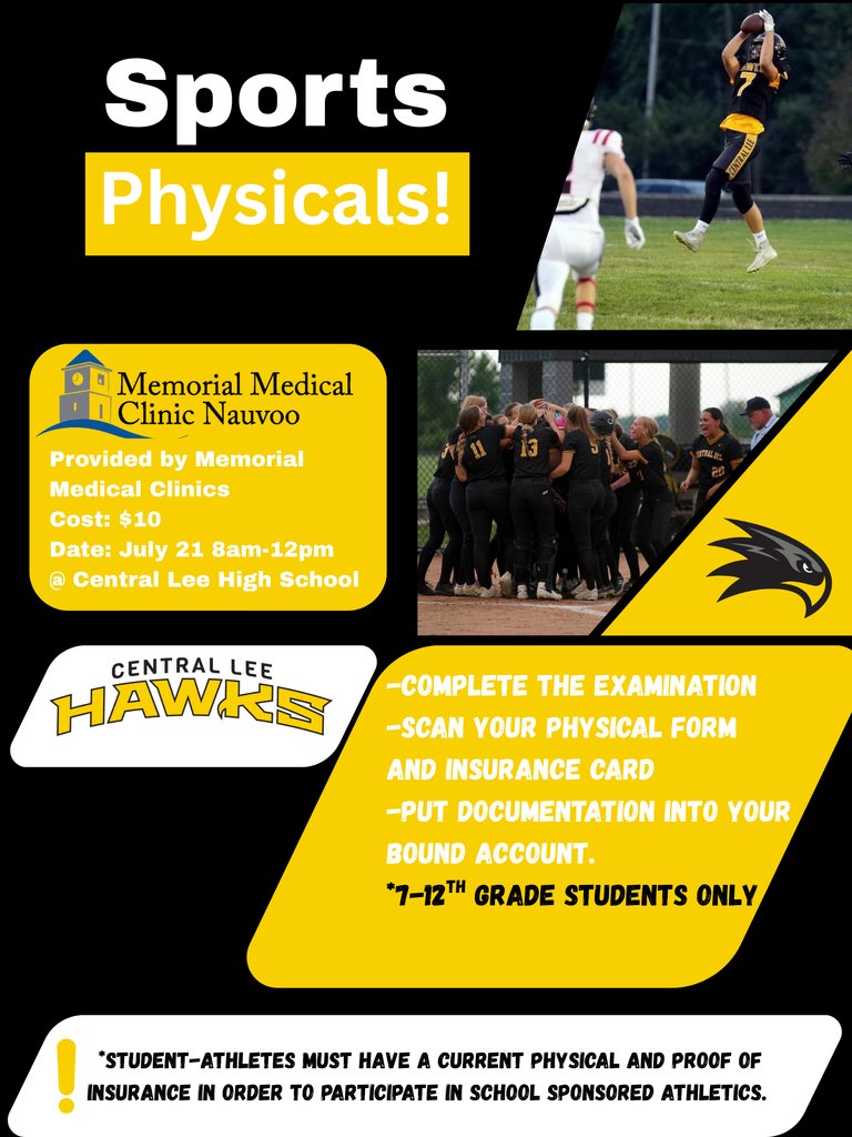 CentralLeeCSD's tweet image. Central Lee is collaborating with Memorial Medical Clinics to provide Sports Physical Examinations.
📅 Date: July 21st
🕗 Time: 8:00 AM – 12:00 PM (walk-ins only)
📍 Location: Central Lee High School
💵 Cost: $10
Students must have a current physical to participate in sports.