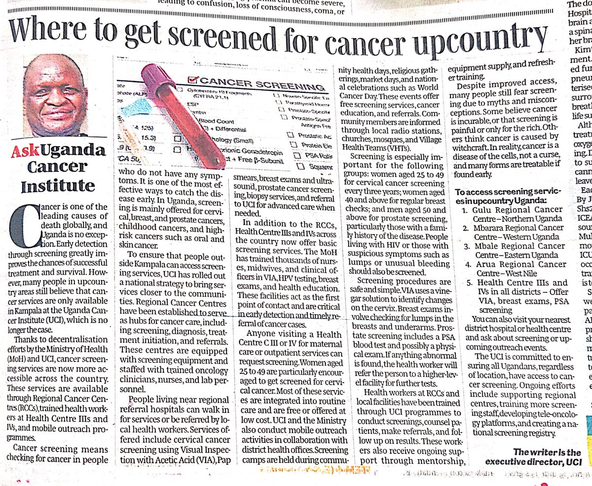 UgandaCancerIns's tweet image. This week, #Ask #UgandaCancerInstitute
Cancer Screening centres country wide:
- Gulu Regional Cancer Center
- Mbarara Regional Cancer Center
-Arua Regional Cancer center
- Mbale- services will start after construction of the center.
- All Health center 3 &4 across the country
