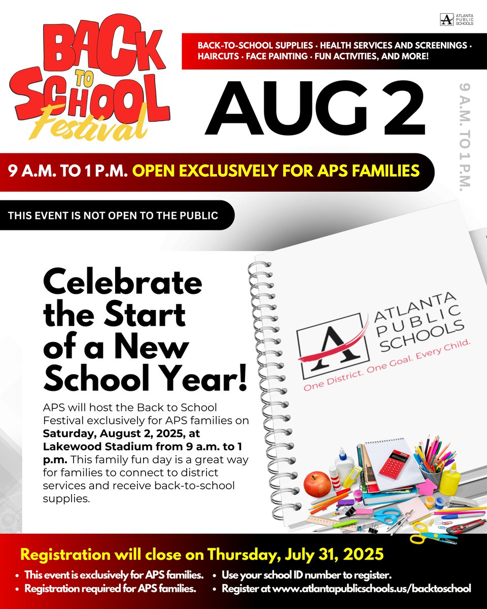 apsupdate's tweet image. Get ready for an exciting day! APS is thrilled to announce the Back to School Festival, exclusively for APS families, on Saturday, August 2, 2025, at Lakewood Stadium from 9 a.m. to 1 p.m. This fun-filled family event is a fantastic opportunity to connect with district services…