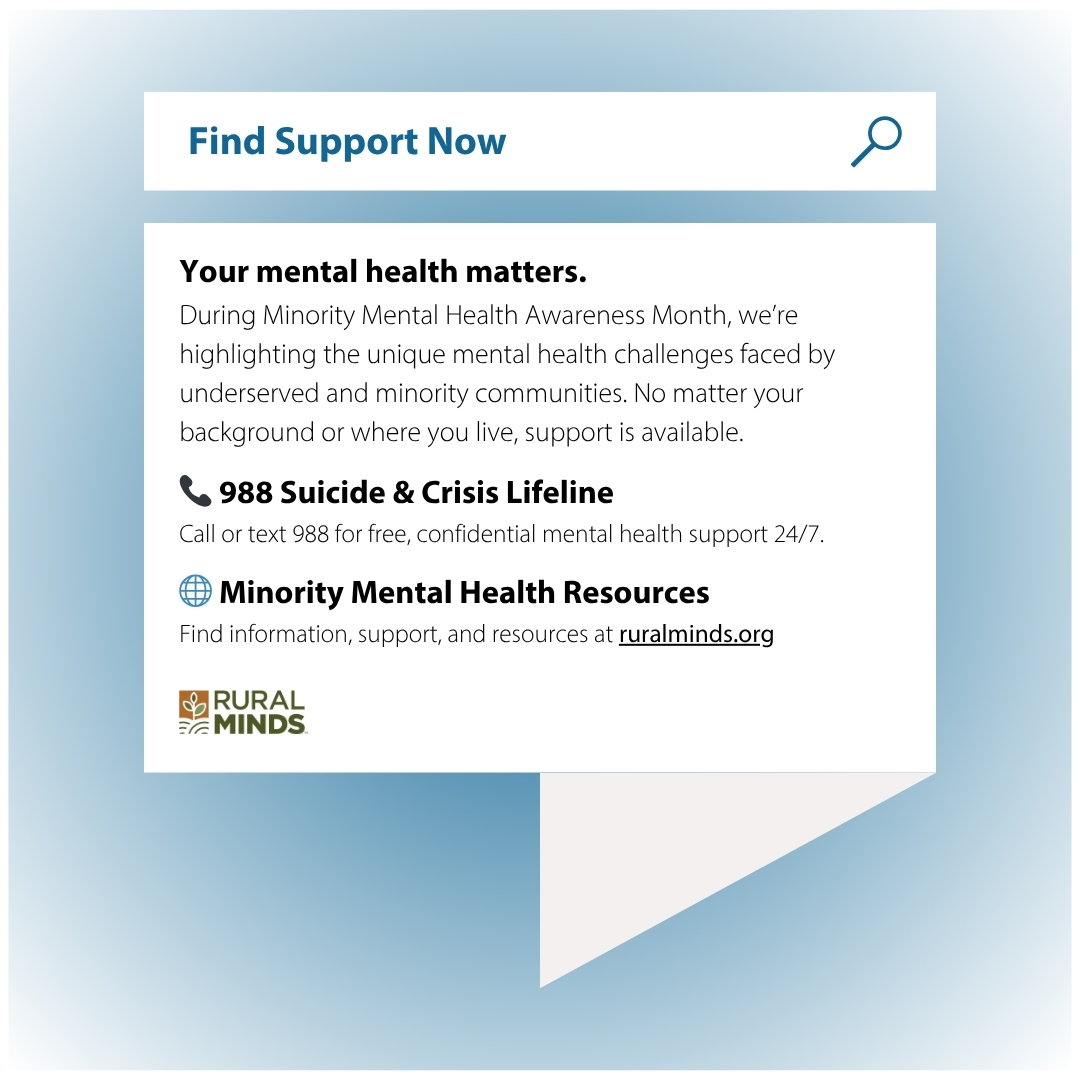 People of color in rural America often face barriers to mental healthcare – from stigma to limited access to culturally-informed support. This #MinorityMentalHealthAwarenessMonth and beyond, let’s raise awareness and strive for equity for all. Resources: bit.ly/3Pxg1hb