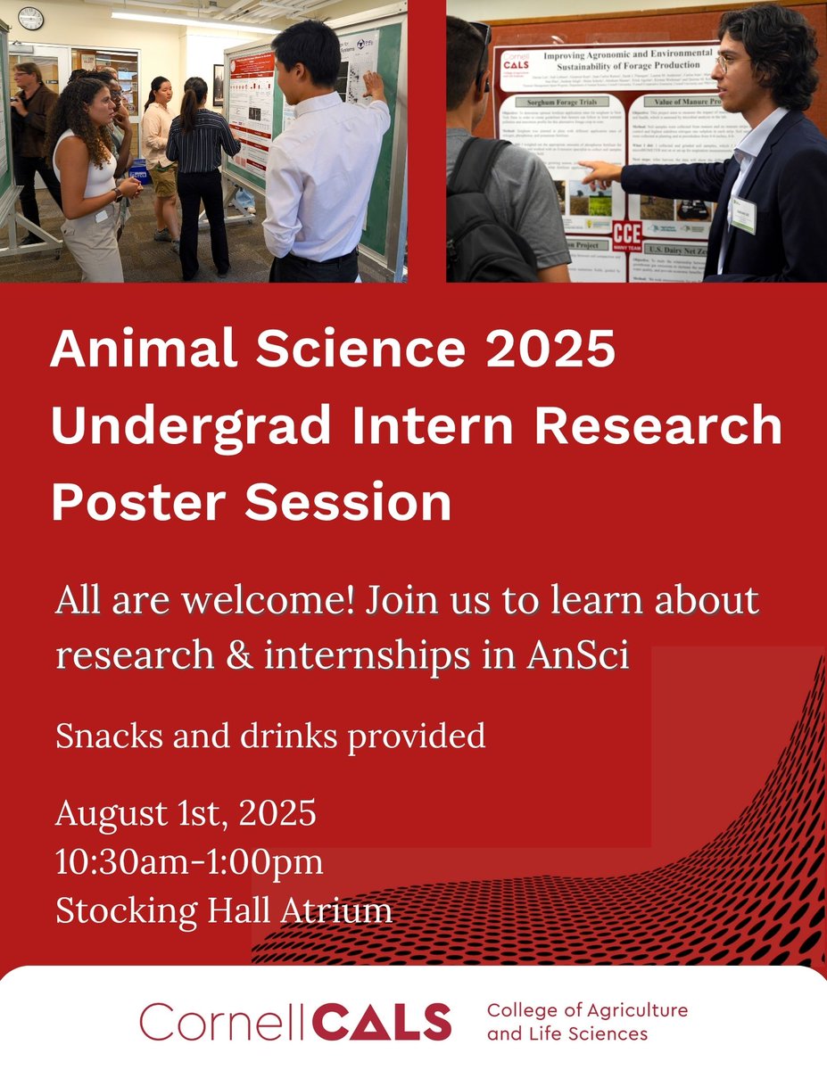 🐄🔬 Come and join our Animal Science summer  interns for their research poster session. Explore research, engage, and enjoy some snacks! 
📅 August 1, 2025
🕥 10:30 AM–1:00 PM
📍 Stocking Hall Atrium
<a href="/CornellCALS/">Cornell CALS</a> #AnSci #UndergradResearch #CornellResearch