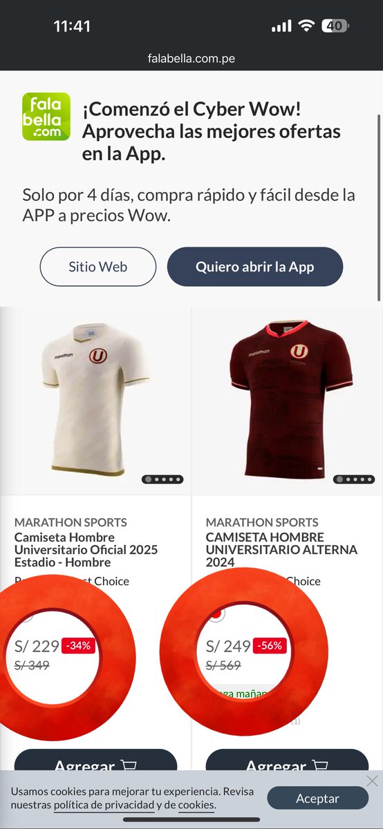 yosoysergioalva's tweet image. Que pendejos los de #Falabella para poner en el #cyberwow las camisetas de @Universitario al mismo precio y como precio normal le ponen el doble de lo que realmente cuesta …. Pa pendejos estos