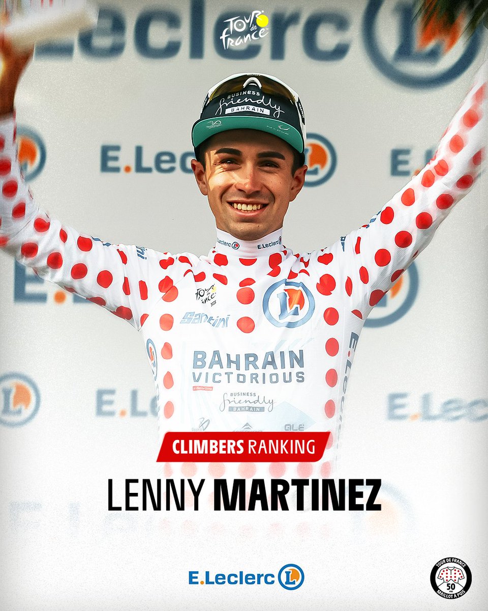 LeTour's tweet photo. 🎽 Jerseys after stage 🔟 / Maillots distinctifs après l'étape 🔟

💛 Ben Healy 🇮🇪
💚 Jonathan Milan 🇮🇹
🔴⚪️ Lenny Martinez 🇫🇷
👶 Ben Healy 🇮🇪

#TDF2025 https://t.co/hek6Vxsccb