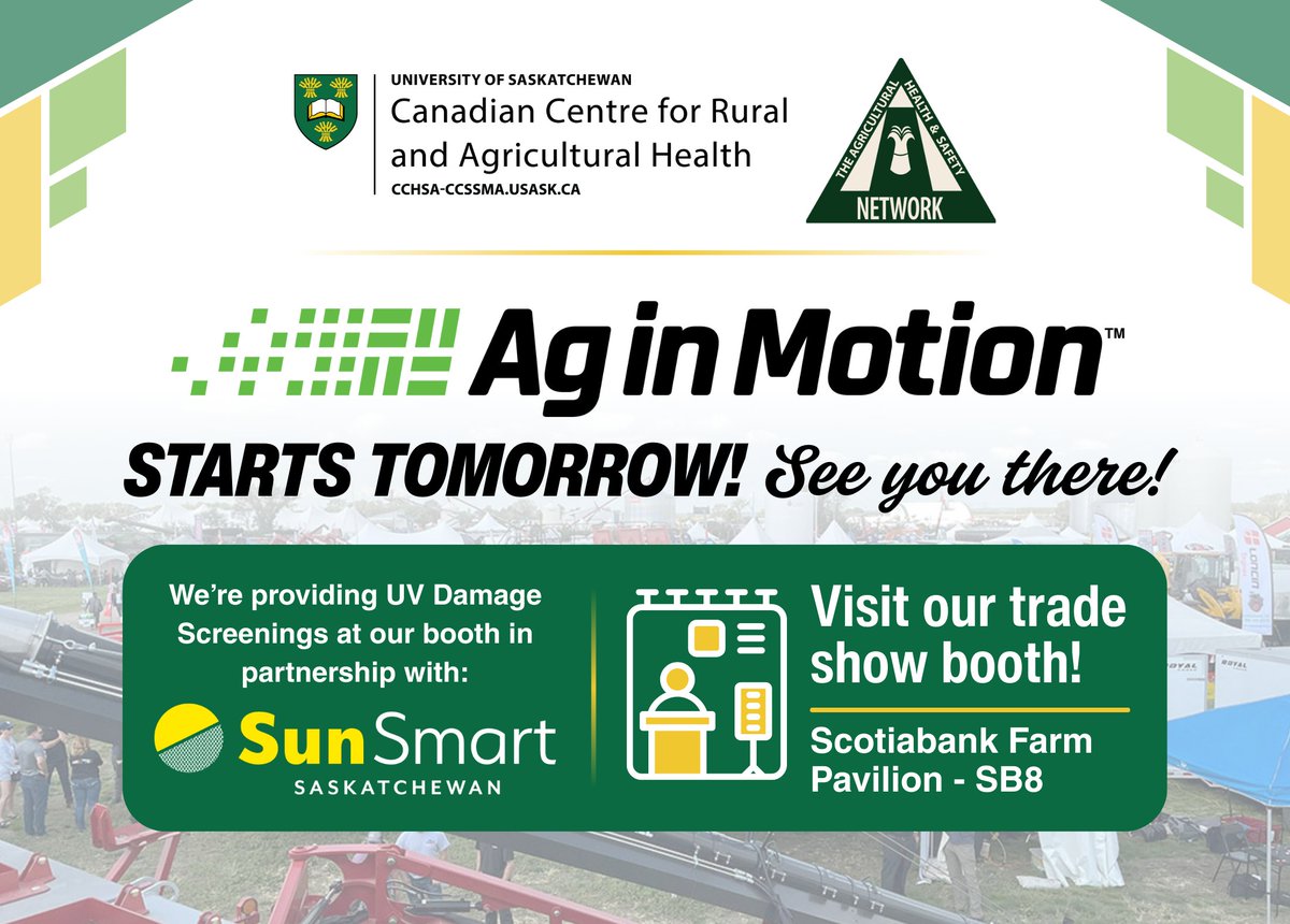 SaskAgSafety's tweet image. 🌾 @AginMotion kicks off tomorrow! Visit us at booth SB8 in the Scotiabank Farm Pavilion for essential ag health & safety resources and a free UV skin damage screening by SunSmart SK. Don’t miss out—see you there! ☀️👨🌾 #AIM25 #FarmSafe