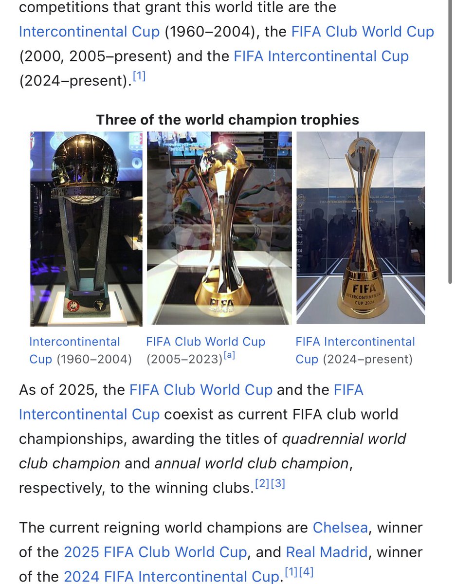 Per FIFA, PSG will be the "annual world champions" if they win on Dec 17, while Chelsea are the "quadrennial world champions" until 2029.

Trying to explain all the trophies in football to my friends is naturally a gigantic headache, the USA is so used to one title and that's it.
