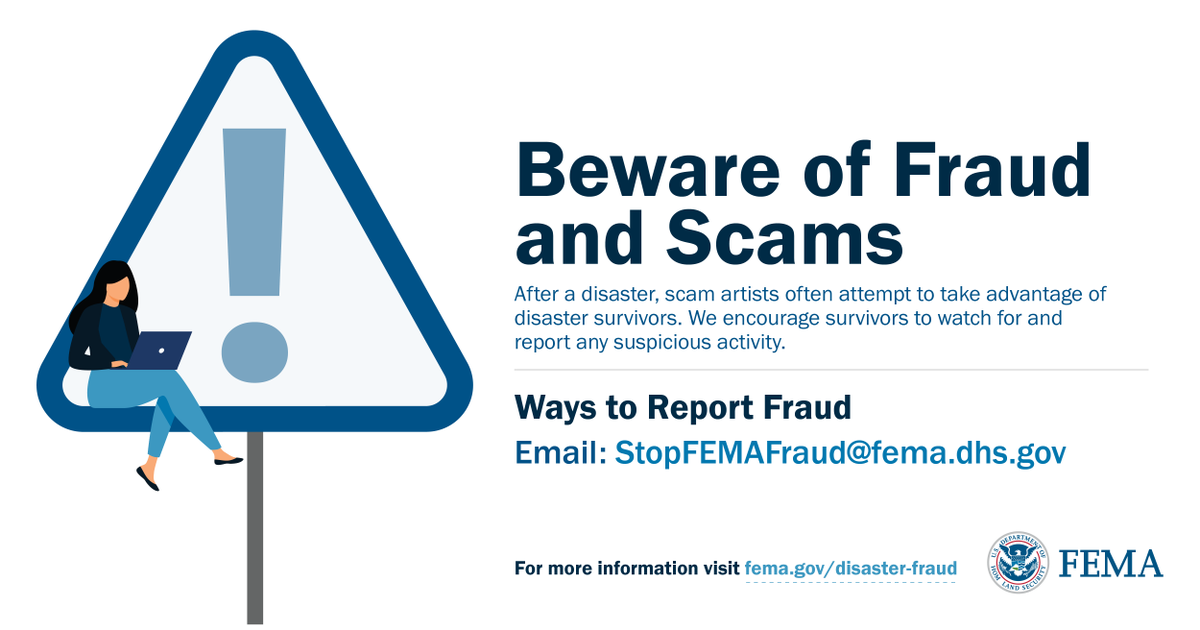 FEMARegion6's tweet image. 🚨Texas survivors, beware of con artists trying to steal your money or personal info after the storms. Thieves may apply for FEMA assistance using stolen identities.
Learn more: fema.gov/press-release/…
