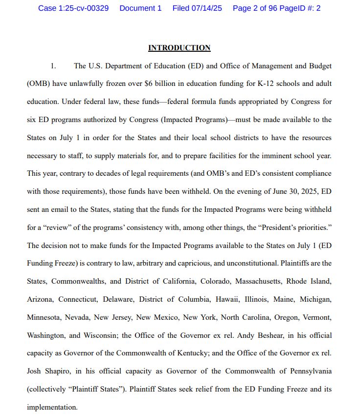 ZoeTillman's tweet image. Democratic state AGs suing the Trump administration over $6 billion+ in K-12 education funding appropriated by Congress that the states say was supposed to be available 7/1 for the upcoming school year buff.ly/5xRO9Pn