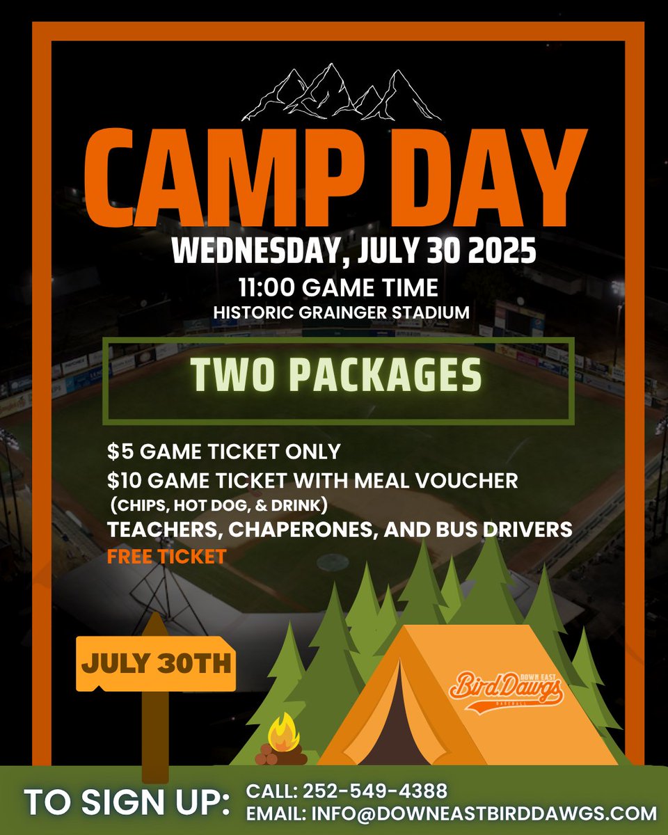 Down East Bird Dawgs (@debirddawgs) on Twitter photo โ๏ธ CAMP DAY โ Wed, July 30! ๐
Fun, sunshine & Bird Dawgs baseball! ๐พ
๐๏ธ$5 Ticket Only
$10 Ticket + Meal (hot dog, chips & drink)
Teachers, chaperones & bus drivers FREE!
๐จ Still time to sign up!
๐ 252-549-4388 or
โ๏ธ info@downeastbirddawgs.com โ๏ธ CAMP DAY โ Wed, July 30! ๐
Fun, sunshine & Bird Dawgs baseball! ๐พ
๐๏ธ$5 Ticket Only
$10 Ticket + Meal (hot dog, chips & drink)
Teachers, chaperones & bus drivers FREE!
๐จ Still time to sign up!
๐ 252-549-4388 or
โ๏ธ info@downeastbirddawgs.com