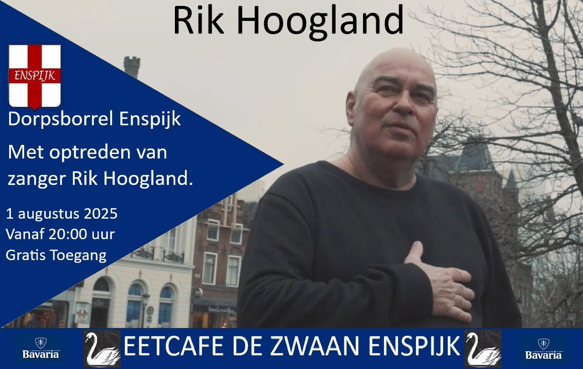 Zanger Rik Hoogland komt optreden met de dorpsborrel van Enspijk. Met meer dan 25 jaar ervaring is Rik een bekende naam in Utrecht en omstreken.

Vrijdag 1 augustus 2025 vanaf 20:00 uur
Locatie: Eetcafé de Zwaan
De toegang is gratis. (ook niet Enspijkers zijn van harte welkom)