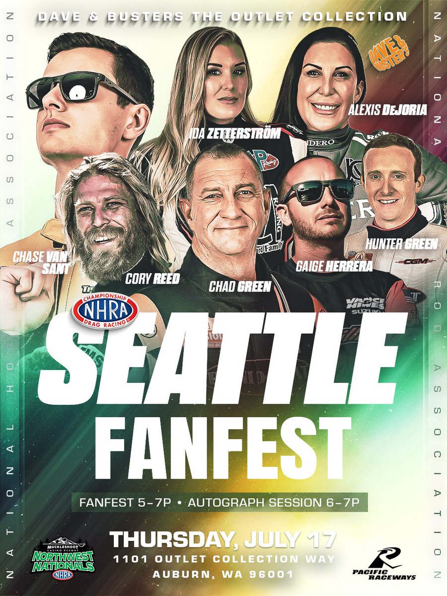 NHRA (@nhra) on Twitter photo Hey Pacific Northwest Fans mark your calendars for the NHRA FanFest presented by Explore Auburn!
📅 Thursday, July 17
⏰ 5-7p PT
📍 Dave & Buster’s at The Outlet Collection
➡️ bit.ly/4lAFcNm
<a href="/Muckleshoot_C/">Muckleshoot Casino Resort</a> #NorthwestNats • <a href="/theplacetorace/">Pacific Raceways</a> Hey Pacific Northwest Fans mark your calendars for the NHRA FanFest presented by Explore Auburn!
📅 Thursday, July 17
⏰ 5-7p PT
📍 Dave & Buster’s at The Outlet Collection
➡️ bit.ly/4lAFcNm
<a href="/Muckleshoot_C/">Muckleshoot Casino Resort</a> #NorthwestNats • <a href="/theplacetorace/">Pacific Raceways</a>