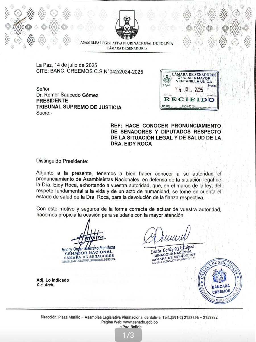 HenryMonteroSCZ's tweet photo. Parlamentarios exhortamos a devolver la fianza de la Dra. #EidyRoca, petición que no busca impunidad, sino restituir un derecho elemental a una persona que ya ha sido apartada del proceso judicial y que enfrenta un cuadro de salud irreversible. https://t.co/z90zYZVGlM