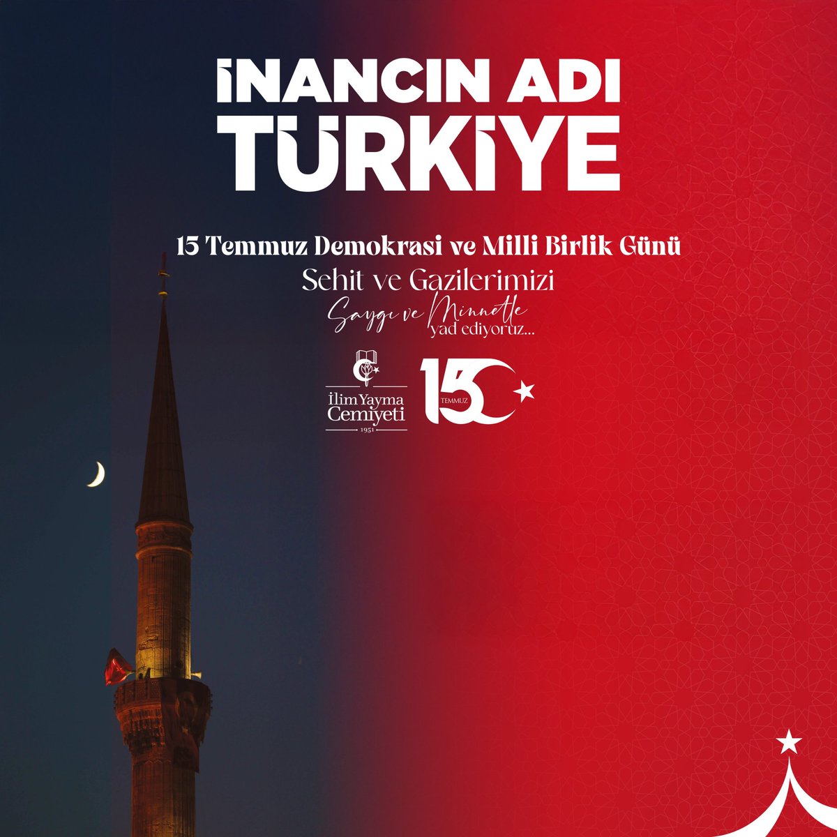 İnancın adı Türkiye!
Unutma! Unutturma!...
15 Temmuz şehit ve gazilerimizi saygı ve rahmetle yad ediyoruz.
#15TemmuzDemokrasiveMilliBirlikGünü
#15Temmuz