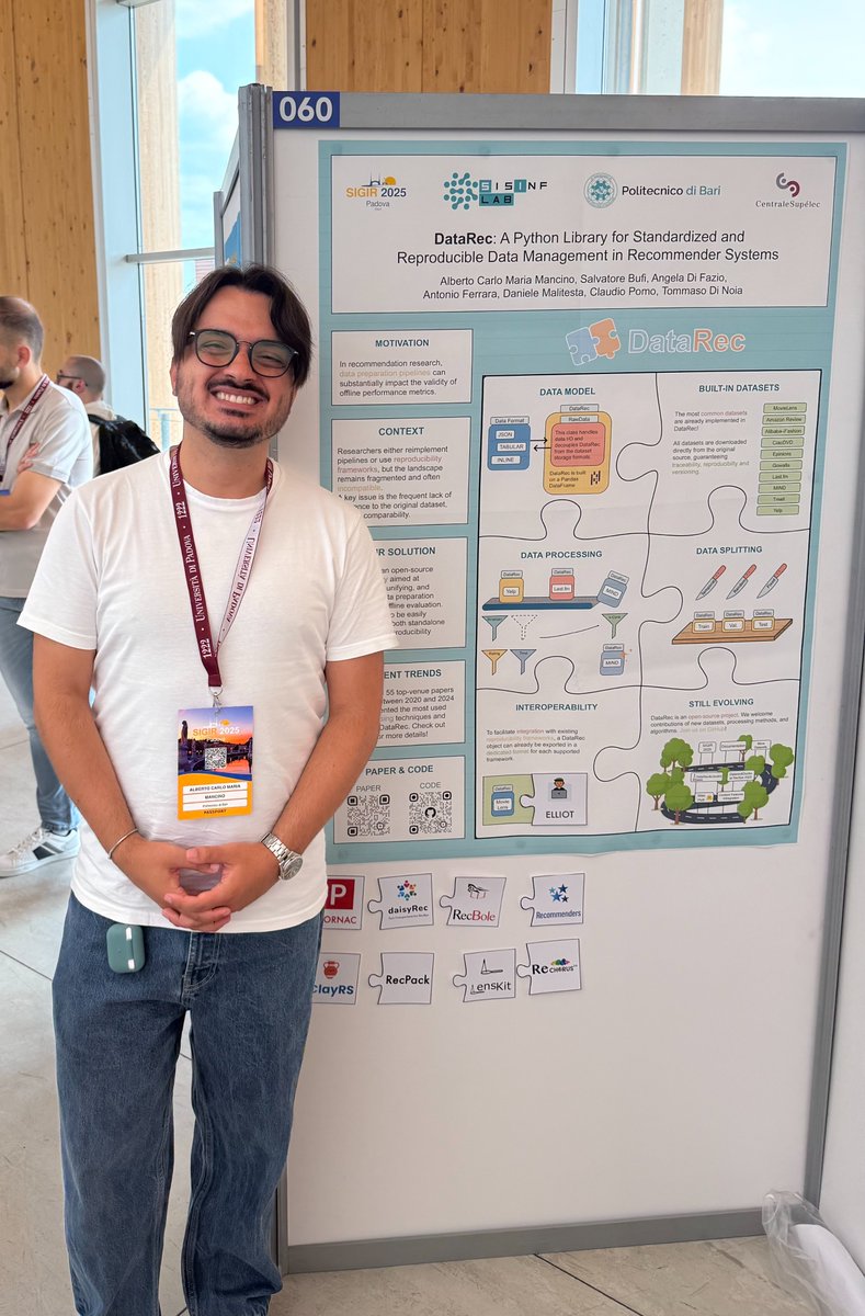 alberto_mancino's tweet image. Presenting DataRec at #SIGIR2025 has been a real pleasure!
Thanks to everyone who visited our poster, great chats and new connections! 🙌
Next up: D&D4Rec tutorial at #RecSys2025, where we’ll bring multimodal features to DataRec with Ducho!
🎓 Tutorial: sites.google.com/view/dd4rec-tu…