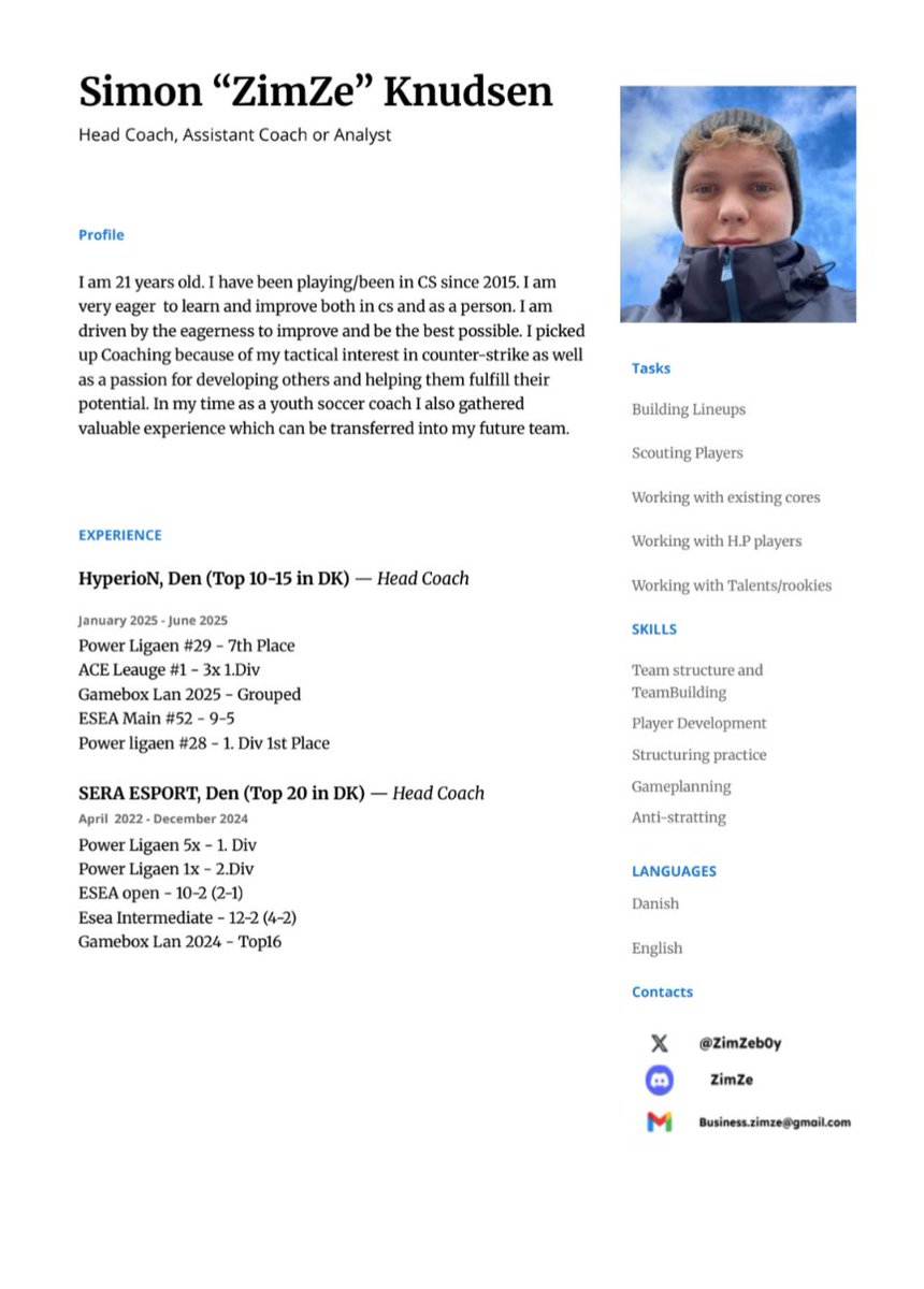 Simon Pilely Knudsen (@zimzeb0y) on Twitter photo LFT as Coach🇪🇺🇩🇰
After a much needed summer break, am I now again exploring my options. I am interested in both HC, ass. Coach and analyst role. I am also interested in Acd teams or female teams.
Reach out if Interested or any further questions in DM or business.zimze@gmail.com LFT as Coach🇪🇺🇩🇰
After a much needed summer break, am I now again exploring my options. I am interested in both HC, ass. Coach and analyst role. I am also interested in Acd teams or female teams.
Reach out if Interested or any further questions in DM or business.zimze@gmail.com