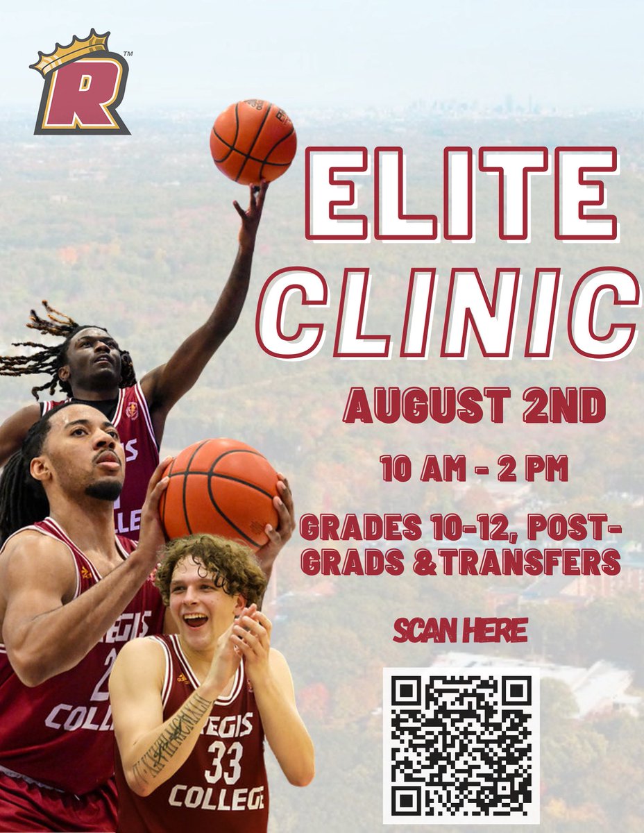 Just 3 weeks away from our Elite Clinic on August 2nd! Don’t miss a great opportunity to come to campus and get some work in! 

Scan the QR Code for more information! 

#RPOD #regismbb #RoarPride