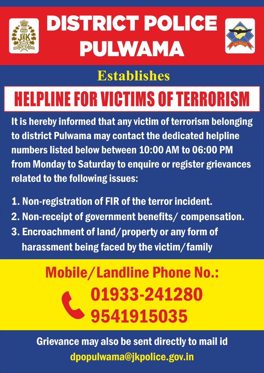 Pulwama Police (@ssppul) on Twitter photo #Pulwama Police established special helpline services to adress grievances of "Victims of Terrorism".
<a href="/JmuKmrPolice/">J&K Police</a> <a href="/KashmirPolice/">Kashmir Zone Police</a> #Pulwama Police established special helpline services to adress grievances of "Victims of Terrorism".
<a href="/JmuKmrPolice/">J&K Police</a> <a href="/KashmirPolice/">Kashmir Zone Police</a>