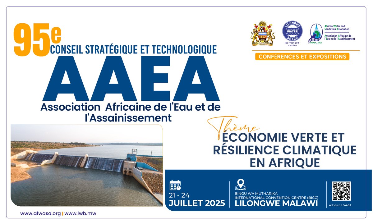 Le 95ᵉ Conseil Stratégique et Technologique de l’AAEA commence ce lundi 21 juillet à lilongwe !  
L’agenda provisoire est disponible ici : afwasa.org/.../files/docu…
Inscrivez-vous ici ! meetings.afwasa.org
Plus d'infos ici : afwasa.org/fr/95e-conseil…