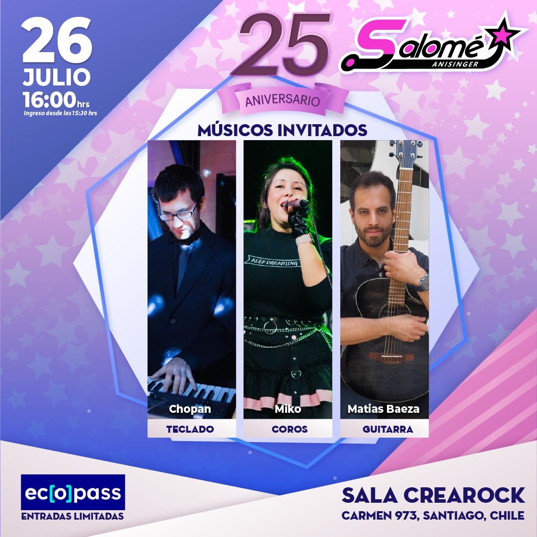 Concierto Aniversario por mis 25 años como Anisinger 💖 Espero que puedan acompañarme!
Entradas a la venta en: 

ecopass.cl/events/concier…? Entradas Concierto Aniversario Salomé Anjarí: 25 años de Anisong - EcoPass