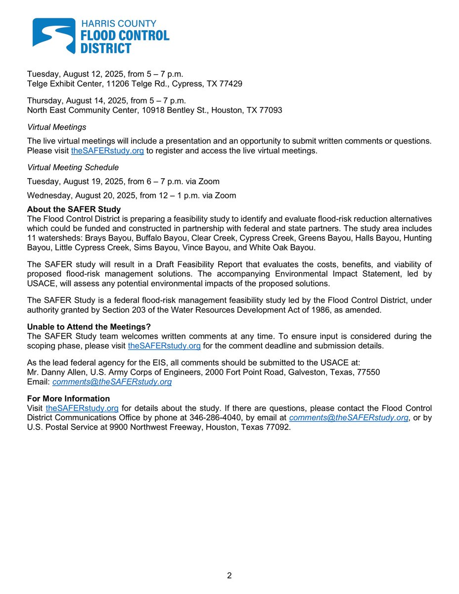 Super Neighborhoods 65 & 82 (@vecindario65_82) on Twitter photo Help Shape Large-Scale Flood Reduction Strategies for Harris County!
Join upcoming public meetings on flooding and be part of transformational solutions, hosted by <a href="/hcfcd/">Harris County Flood Control District</a> in coordination w <a href="/USACEGALVESTON/">USACE Galveston</a>.
🔗 hcfcd.org/Activity/Proje… Help Shape Large-Scale Flood Reduction Strategies for Harris County!
Join upcoming public meetings on flooding and be part of transformational solutions, hosted by <a href="/hcfcd/">Harris County Flood Control District</a> in coordination w <a href="/USACEGALVESTON/">USACE Galveston</a>.
🔗 hcfcd.org/Activity/Proje…