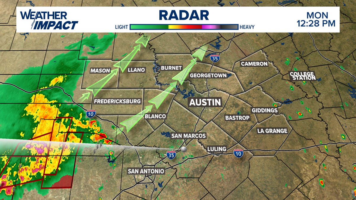 GraceThorntonWX's tweet image. 12:30 PM - Next batch of rain & storms begins to shift towards the Hill Country. Moisture will eventually track across the 1-35 corridor in the early evening and keep moving east late tonight.
Flood Watch expires at 9 PM