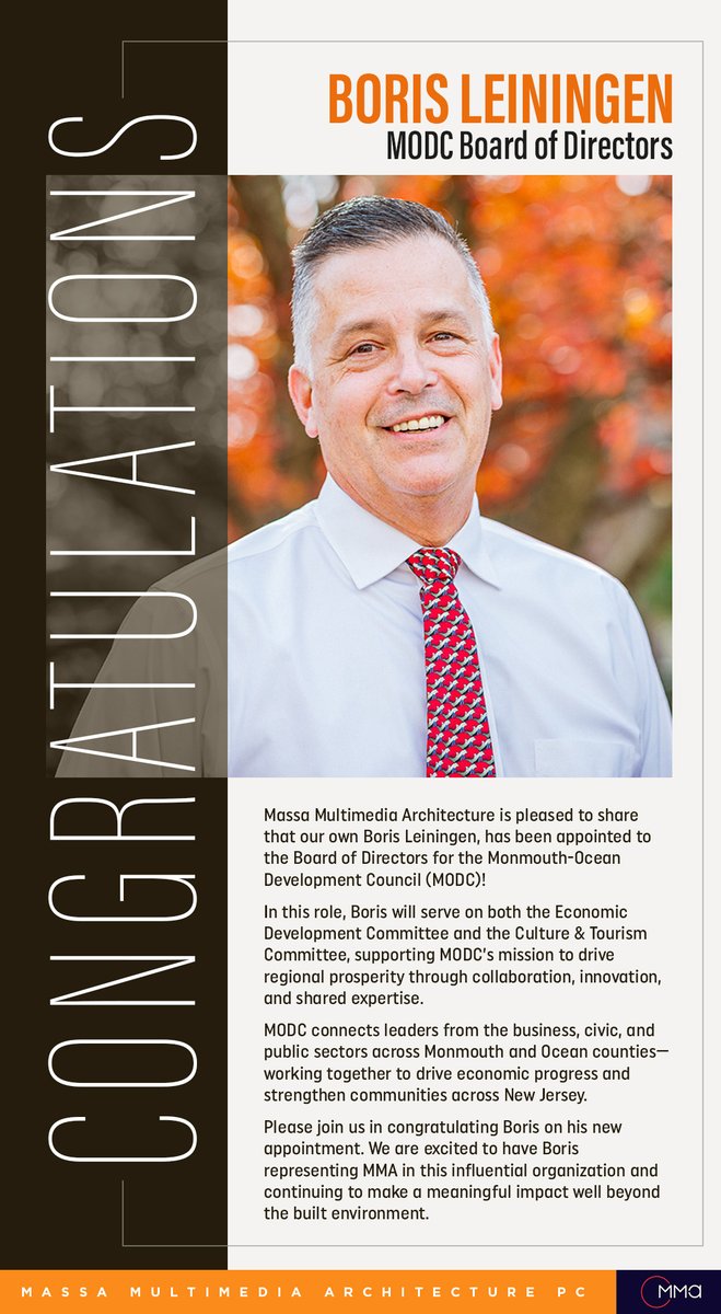 MMAarchitecture's tweet image. Congratulations, Boris!

Massa Multimedia Architecture is pleased to share that our own Boris Leiningen has been appointed to the Board of Directors for the Monmouth-Ocean Development Council (MODC)!

#MODC #Boris
#2025 #MassaMultimediaArchitecture #MMA  #GabeMassa
