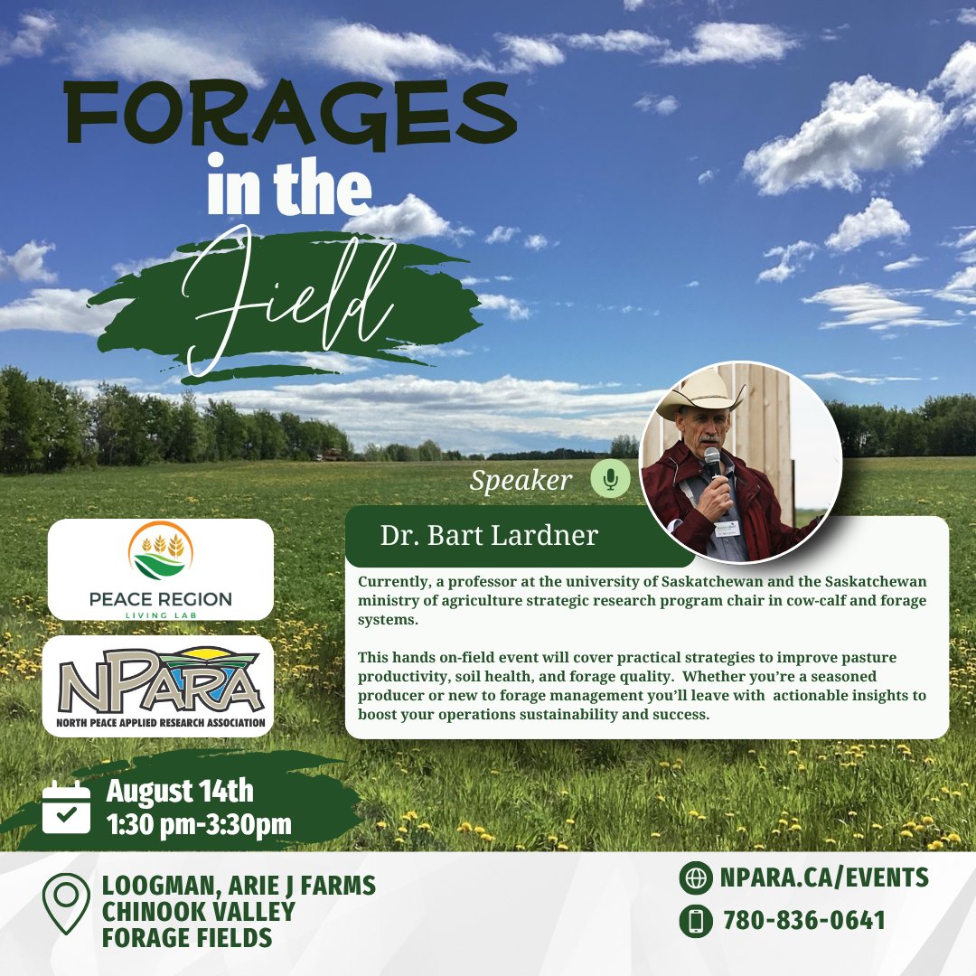 Peace_LivingLab's tweet image. Join us August 14 for a hands-on event with Dr. Bart Lardner, expert in forage and cow-calf systems. 
For more information check out npara.ca/events
#ForagesInTheField #PeaceRegionLivingLab #NPARA #ForageFarming #PastureManagement #SoilHealth #BCAg #SustainableAg