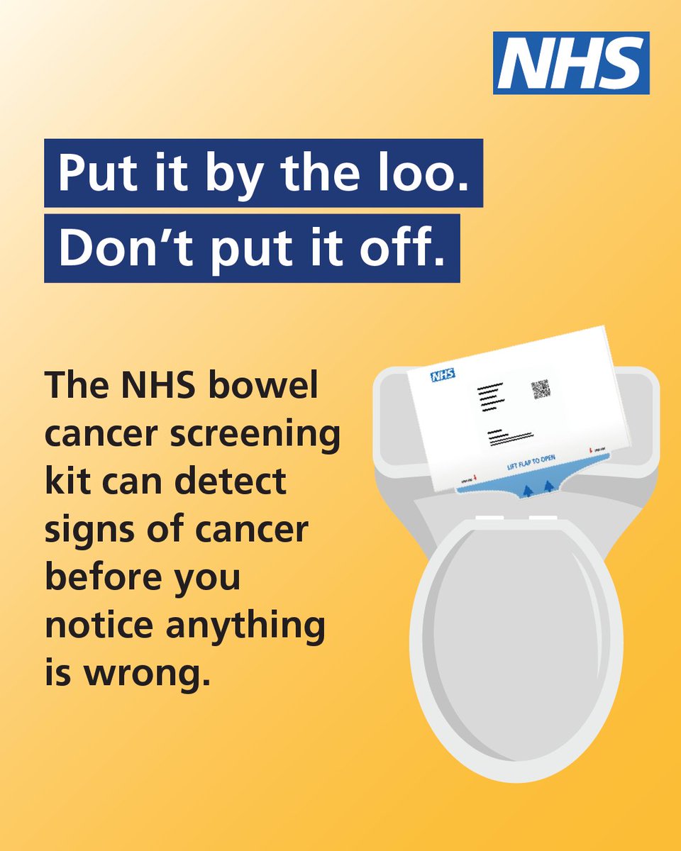 NHSuk's tweet image. The NHS bowel cancer screening kit can detect signs of cancer before you notice anything is wrong.
If you’re sent a bowel cancer screening kit, put it by the loo. Don’t put it off.
➡️ nhs.uk/bowel-screening