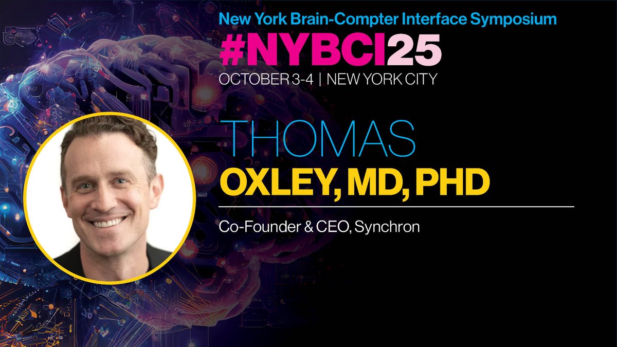 MountSinaiNeuro's tweet image. Join the future of #BCI at #NYBCI25 this Oct 3-4 in #NYC! Hear from @tomoxl, CEO of @synchroninc & creator of the 1st FDA-approved implantable #Stentrode. Meet & network w/ top #neurotech leaders driving #innovation! 🔗 nybci.com
#MedTech #Neuroscience #Neuro