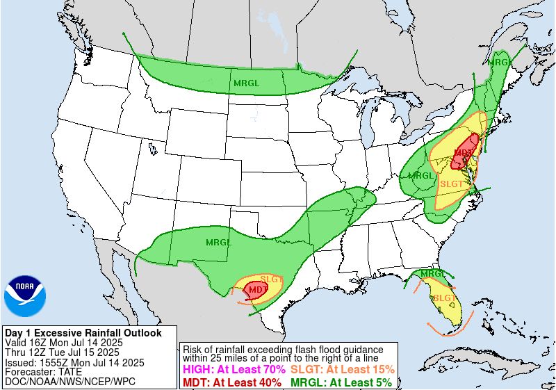 Major flooding is possible again today in Texas and the Northeast, where 2-5"+ of rain is likely, with localized areas between 5-10" of rain possible.
