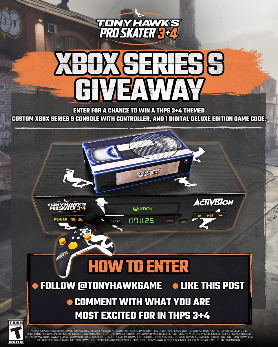 TonyHawkTheGame's tweet image. 🚨GIVEAWAY ALERT🚨 Enter for a chance to win a custom #THPS 3+4 @Xbox Series X, with controller and game code! To enter:
🛹 Follow @TonyHawkTheGame
🛹 Like this post
🛹 Comment what you're most excited for in #THPS 3+4!
ms.spr.ly/6015ShXuf