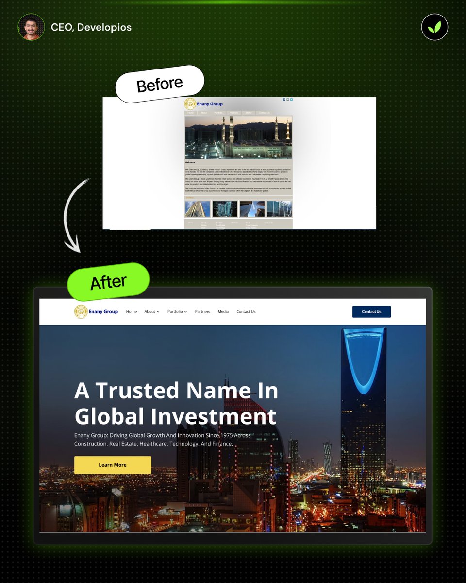 faraz___dev's tweet image. From 1975 legacy to 2025-ready.

We redesigned Enany Group’s site to reflect what their balance sheet already says:
Global. Trusted. Investable.
Professional UI. Seamless UX. Built for credibility.

🔗 Follow @DevelopiosA for more

#FinanceDesign #InvestmentFirms #Developios