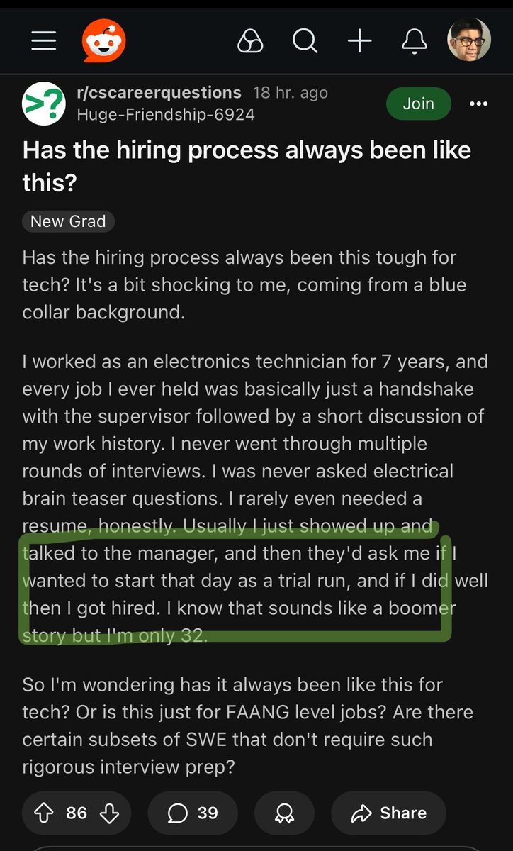 thenanyu's tweet image. Sometimes it takes a healthy amount of ignorance to ask the right questions.
This redditor, new to tech, is wondering aloud why companies don’t just do work trials and instead do endless batteries of leetcode and hypothetical questions, in the name of “rigor”… good question!…