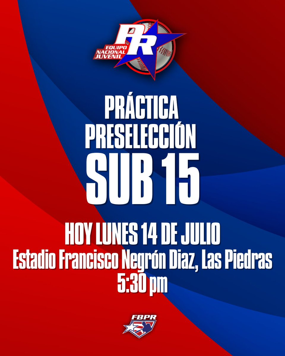 BeisbolPR's tweet image. 📢 Recordatorio práctica Preselección Nacional Sub 15 hoy lunes en Las Piedras.

#FBPR #BéisbolJuvenil